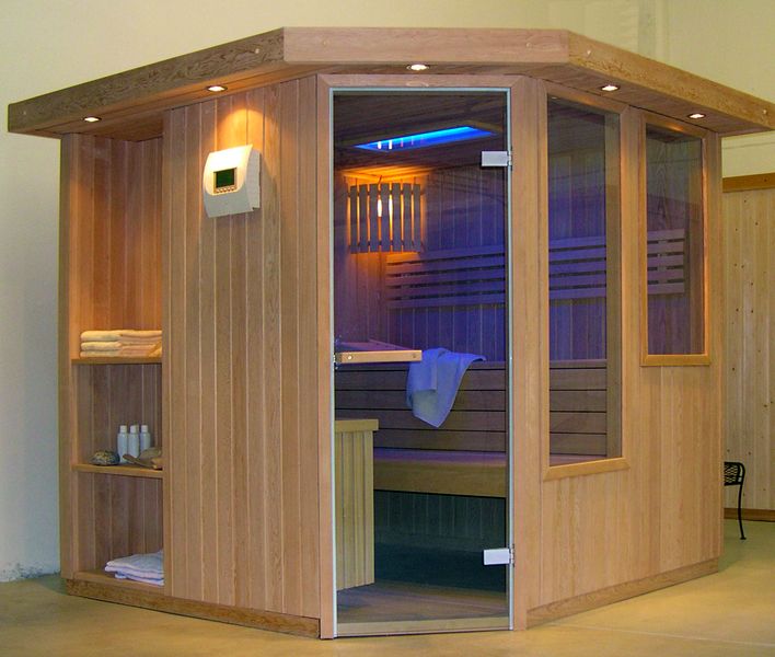 Saune con cabina legno e vetro delux